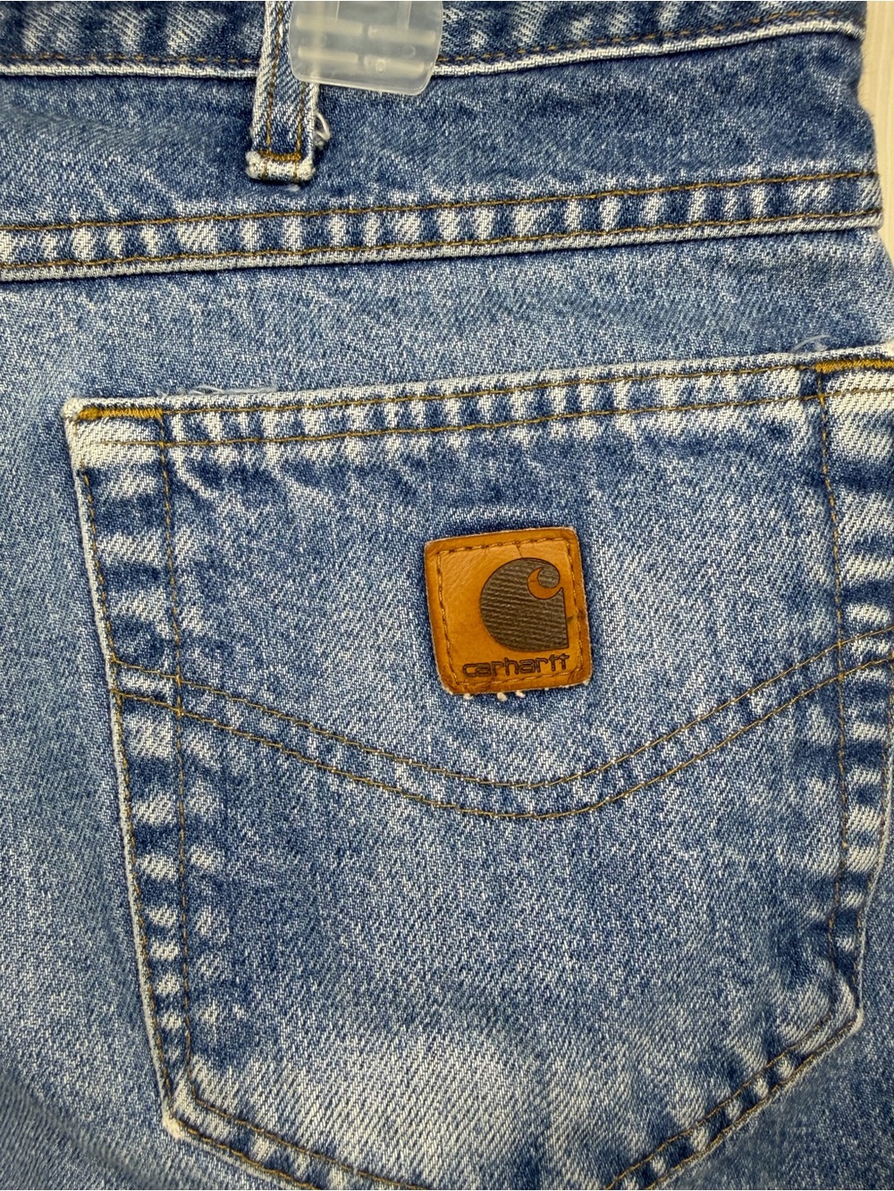 Carhartt Men's Light Blue Relaxed Jeans with Leather Logo Patch